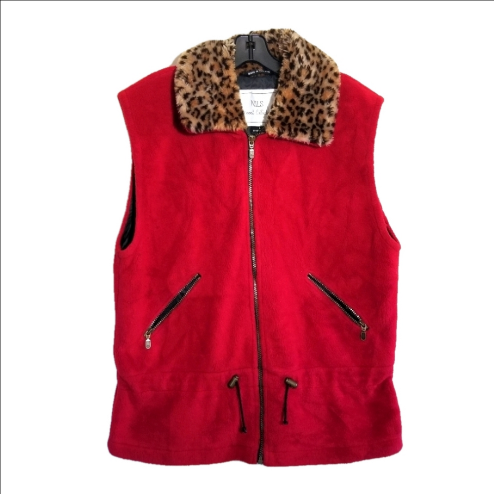 Vintage NILS Resort Collection Leopard Trim Fleece Fitted Winter Ski Vest Size L
